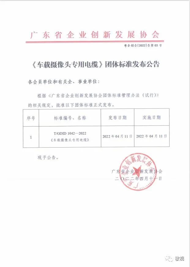 《車載攝像頭專用電纜》團體標準